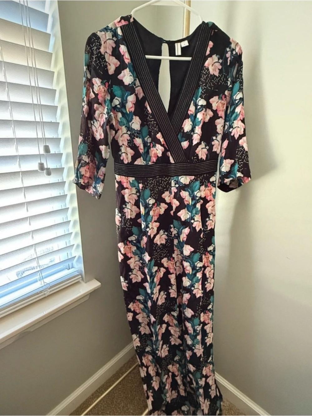 Black Floral V-Neck Maxi Dress with Pink and Teal Blooms